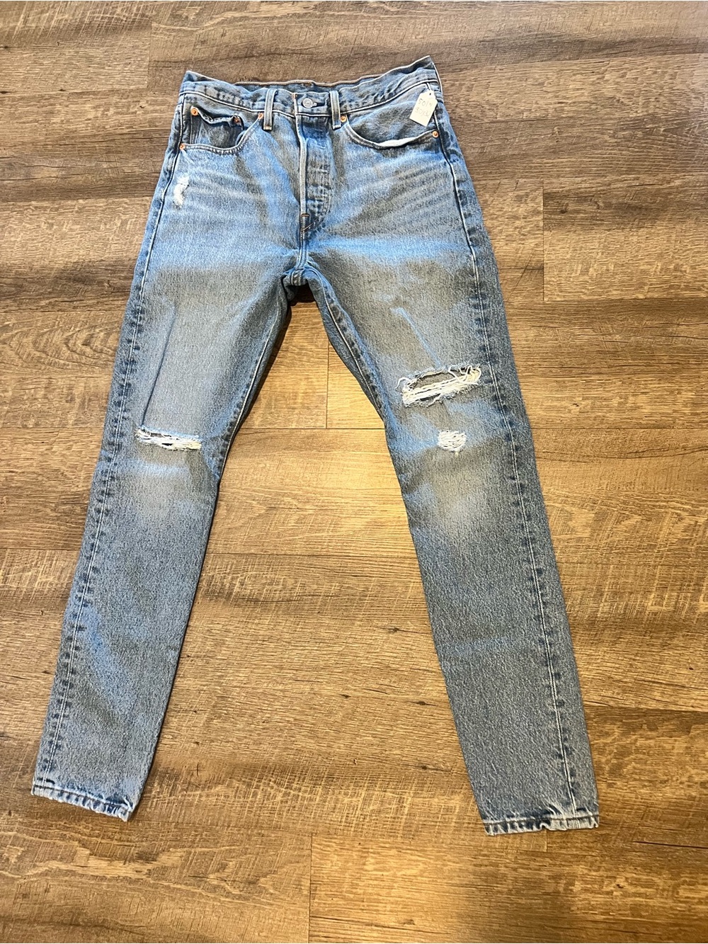 Levi's 501 Light Blue Straight Leg Jeans with Knee Distress